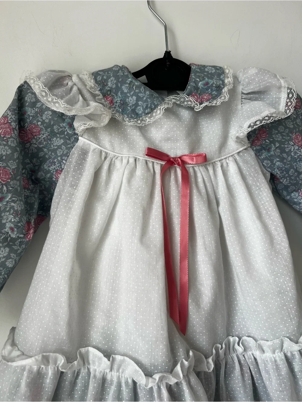 Vitage Peppercorns White & Blue Floral Ruffle Kids Dress with Pink Bow